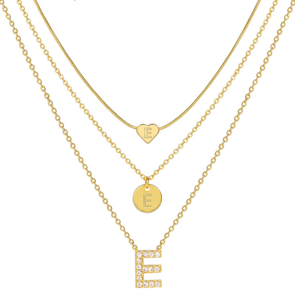 17KM 3 Pcs Plated Heart Initial Necklace Sets for Women Fashion Multilayer Letter Choker Necklaces Copper Metal Jewelry Gift