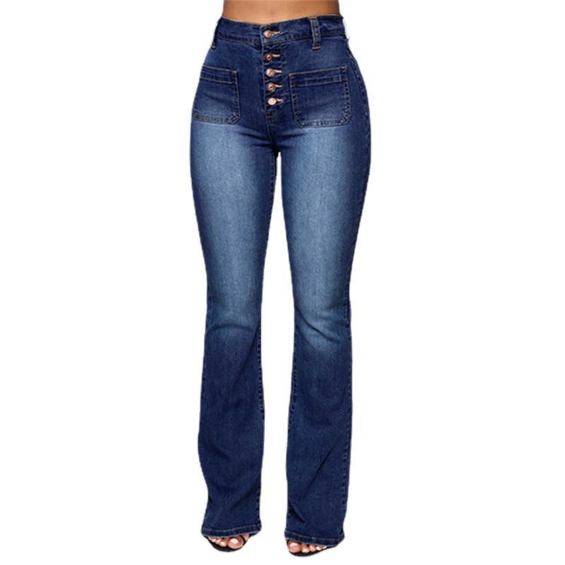 High Waist Women's Jeans Button Patch Pocket Wash