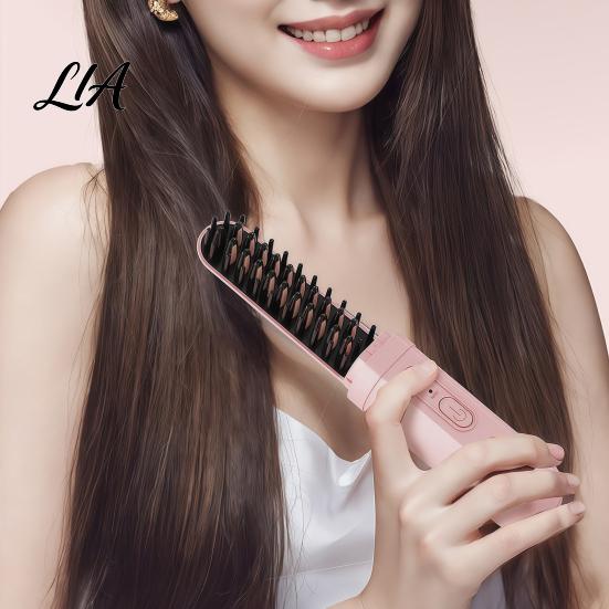 Compact Heat Brush 2-in-1 Portable Hair Straightener Brush, Curling Straightening Comb with Styling Tool 3 Temperature Settings, USB Rechargeable