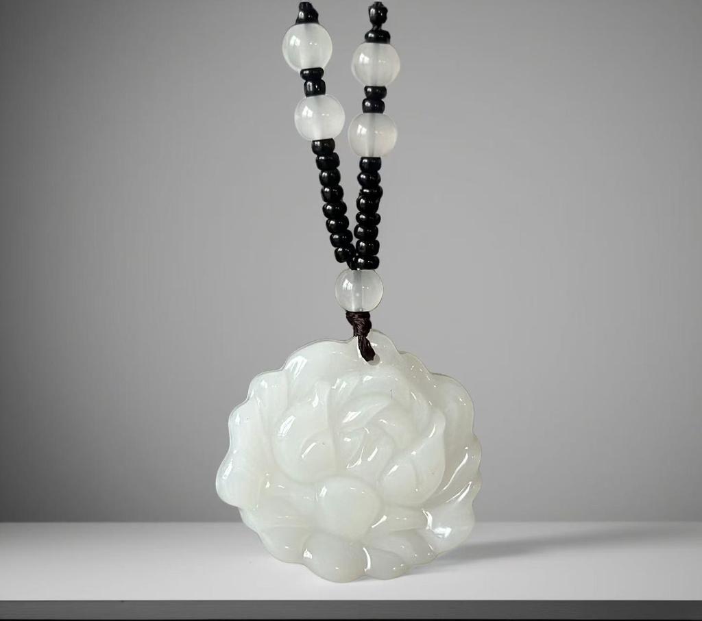 Imitation Hetian Jade Lotus Pendant Necklace for Women - White Jade Flower Blooming Wealth Design