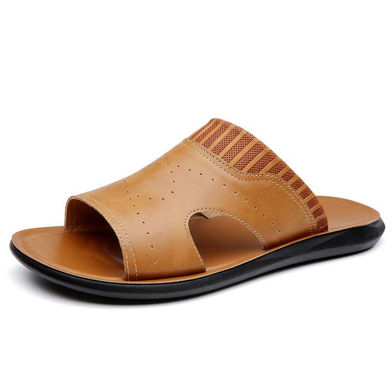 Fashion Home Hotel Slipper Lightweight Summer Slippers Men's Luxury Leather Slippers Non-Slip Sole Comfortable Open-Toe Slide Sandals