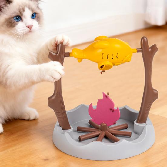 Вращающаяся рыба Диспенсер лакомств для кошек Интерактивная игрушка для кошек «Рыба на гриле у костра» Веселая медленная кормушка Обогащающая игрушка для домашних кошек Игра Тренировка