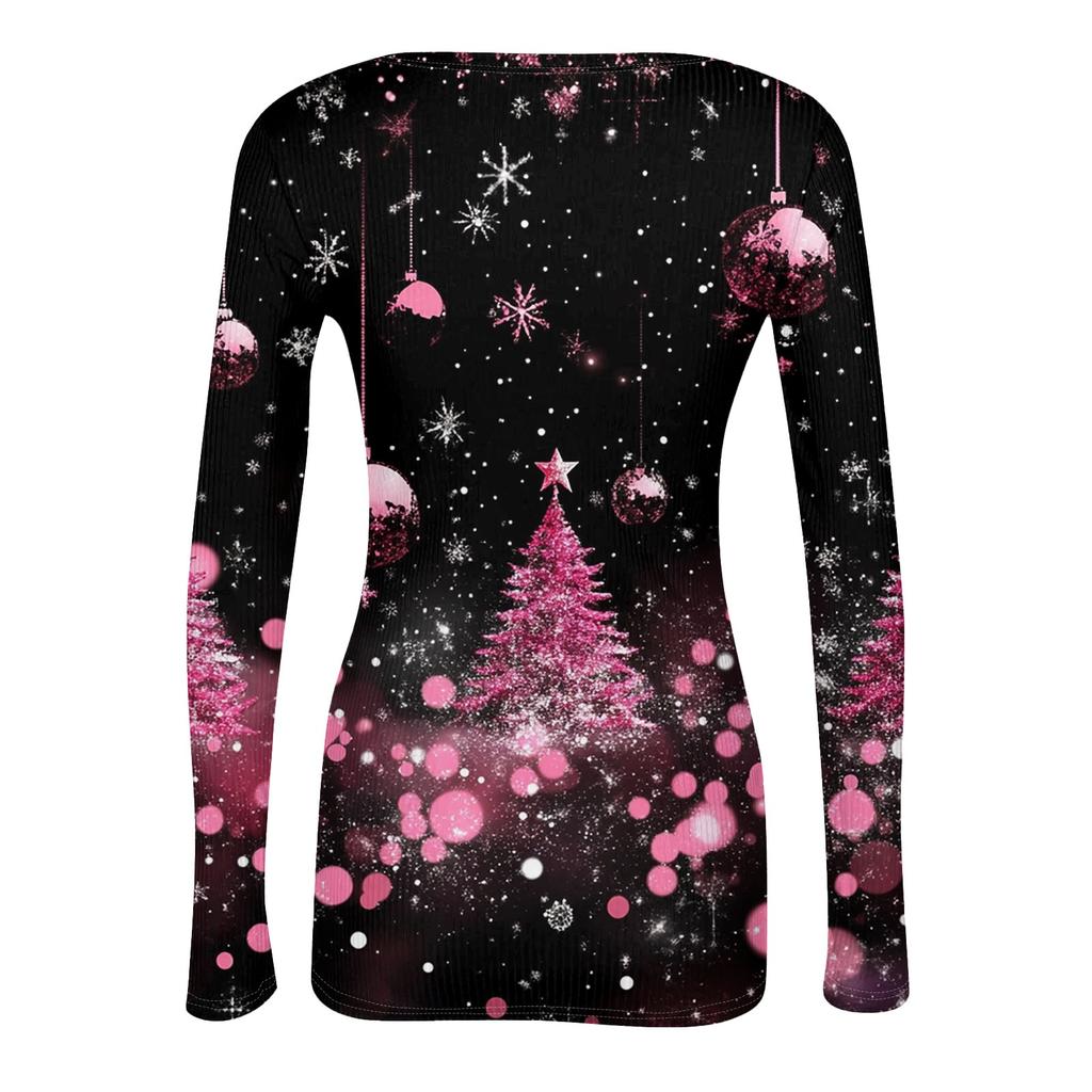 Женская мода Slim Bottom Casual с длинным рукавом и рождественским принтом пуловер с U-образным вырезом