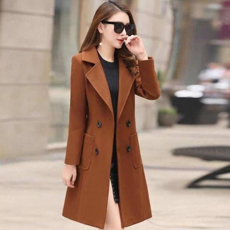 Womens Slim Fit Long Wool Blend Coat Solid Color Elegant Commuter Outerwear