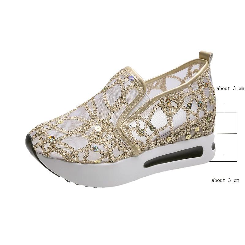 Female Wedge Shoes Sequin Mesh Breathable Shoes Women Gold Silver Platform Sneakers Women Height Increasing Wedges Shoes Casual