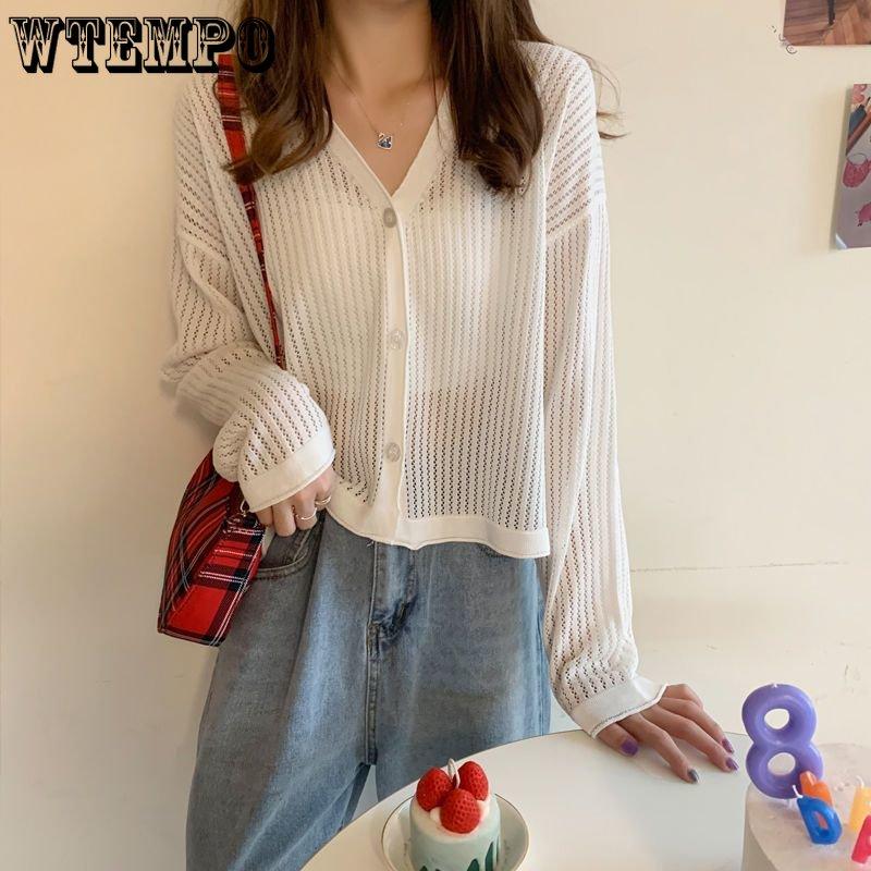 Thin Knit Sunscreen Cardigan Jacket for Women's Spring and Summer V-neck Hollowed Out Long Sleeved Air-conditioned Shirt