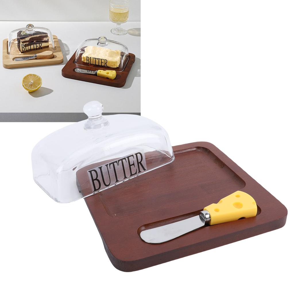 Wood Dish with Clear Glass Lid Cutting Tool Easy to Clean Container for Cheese Cake Dessert