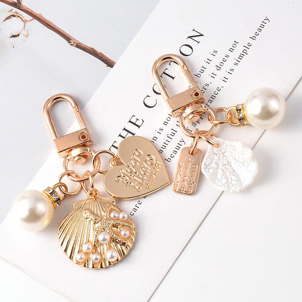 Korean Pearl Shell Conch Gold Color Fashion Bag Charms Heart Key Ring Key Chain Key Accessories