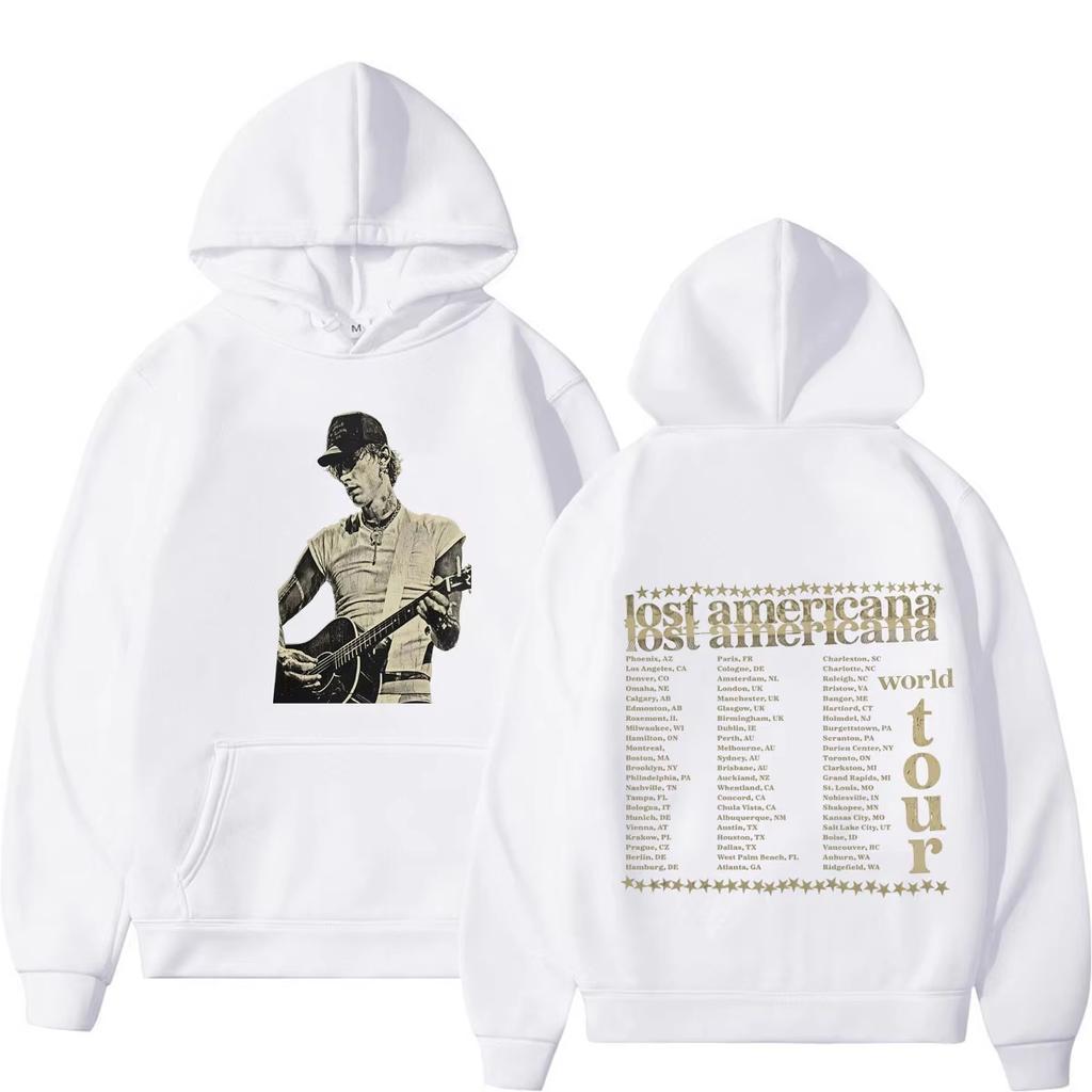 MGK Lost Americana Tour 2026 Печатные Худи Мужские Женские Мода Хип-хоп Пуловер Длинный Рукав Повседневный Винтажный Худи с Принтом