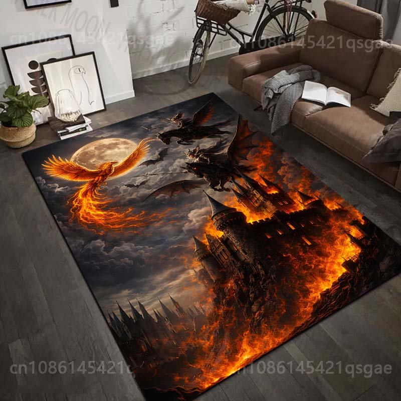 1PC Fiery castle with knights and dragons Print Carpet Rug for Living Room Bedroom Sofa Doormat Home Decor Non-slip Floor Mat