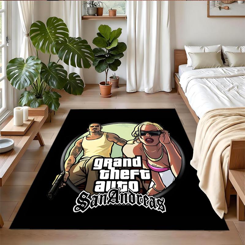 Anti‑Slip Crystal Velvet Floor Rug, Grand Theft Auto Design Carpet for Indoor Living Bedroom Home Decoration