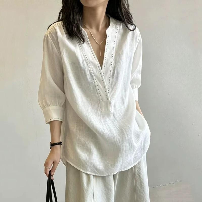 Винтажный стиль носит белый пуловер с V-образным вырезом льняную рубашку женский летний темпераментный ленивый свободный хлопково-льняной топ