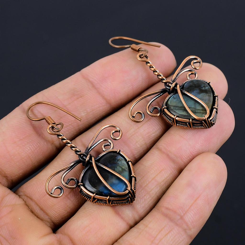 Labradorite 999 Copper Wire Wrapped Earrings, Handmade Gemstone Earrings Jewelry, Gifts For Wife Brand New Earrings