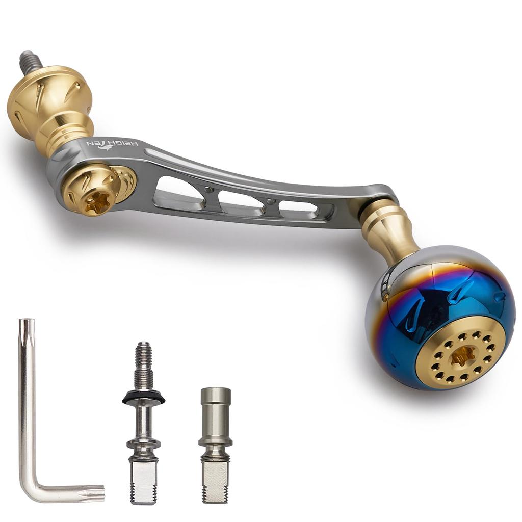 HEIGHTEN Variable Reel Handle with 30mm Handle Knob for Daiwa SHIMANO Universal Spinning Reel Aurora Series 55-60mm (DAIWA) (Gunmetal & Gold) (977)