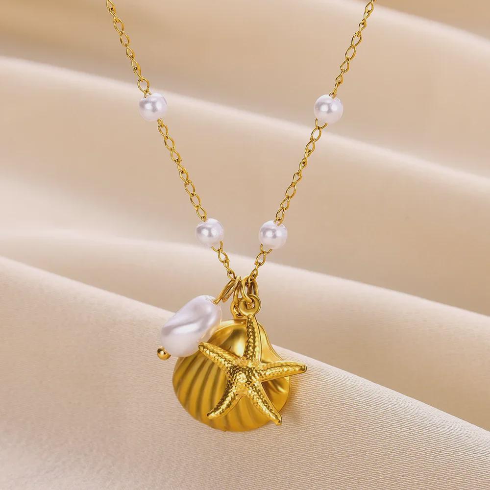 Ожерелье из нержавеющей стали с морскими звездами и ракушками в пляжном стиле 2024 года