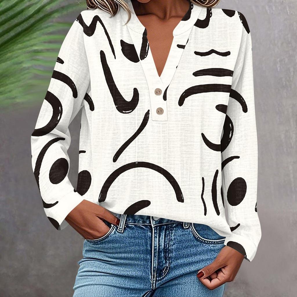 Женская модная и повседневная рубашка с длинным рукавом, V-образным вырезом, на пуговицах, с принтом, блузка, топ