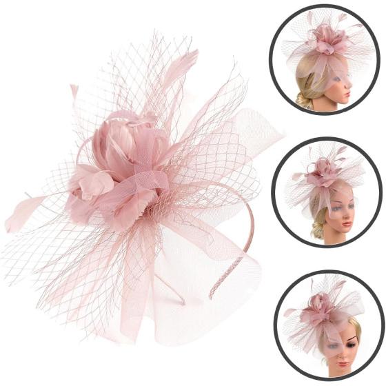 PATKAW Nude Pink Mesh Fascinator Hat Hair Clip and Headband, Women’s Cocktail and Wedding Dress Hat, Elegant Organza Hair Accessory for Tea Party