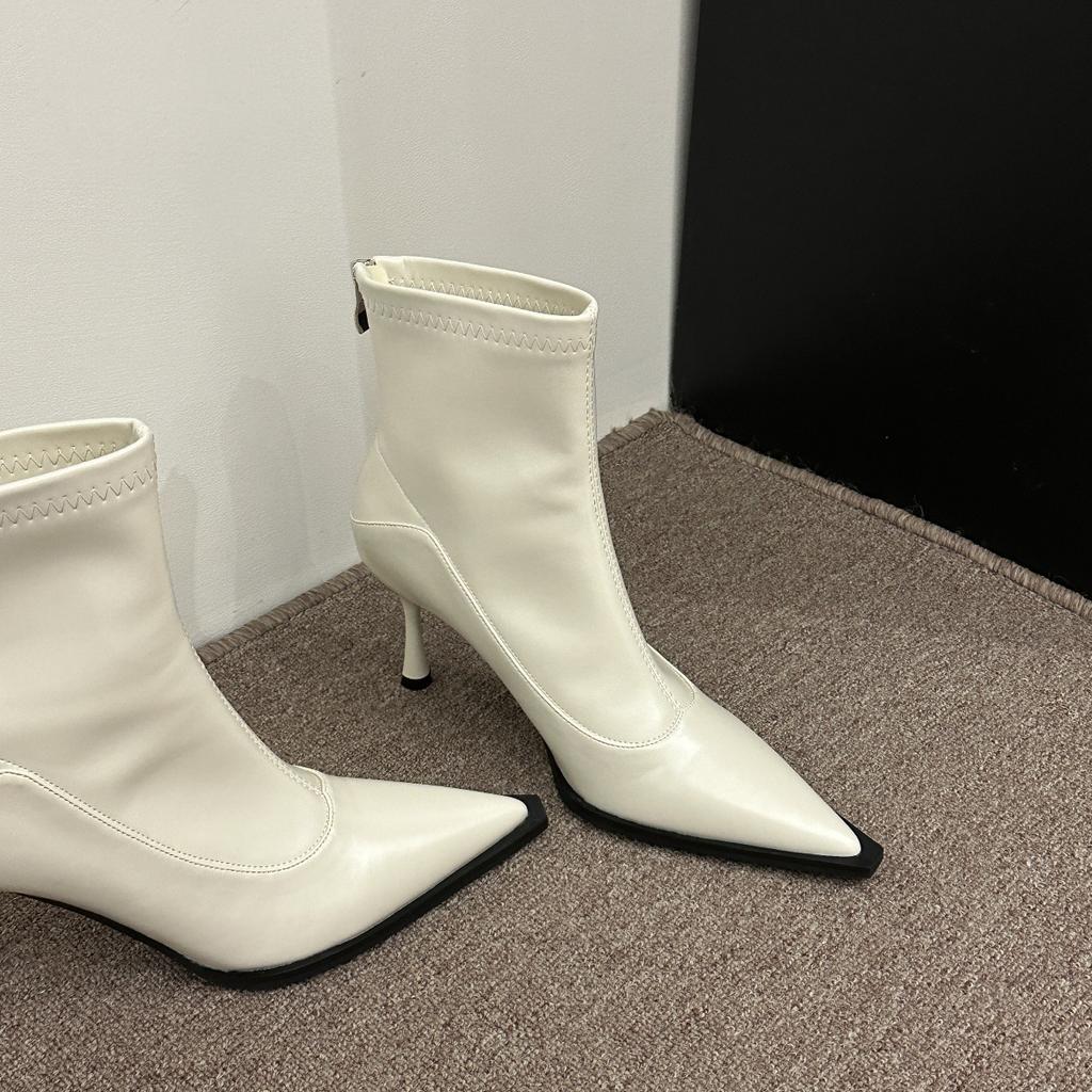 2024 осень и зима новые тонкие сапоги ~ тонкий каблук высокий каблук острый темперамент мягкая кожа молния сзади корейская версия универсальные короткие сапоги