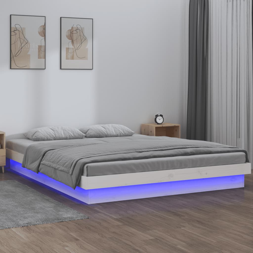 Vidaxl Rama Łóżka Z Led, Biała, 135X190 Cm, Podwójna, Lite Drewno