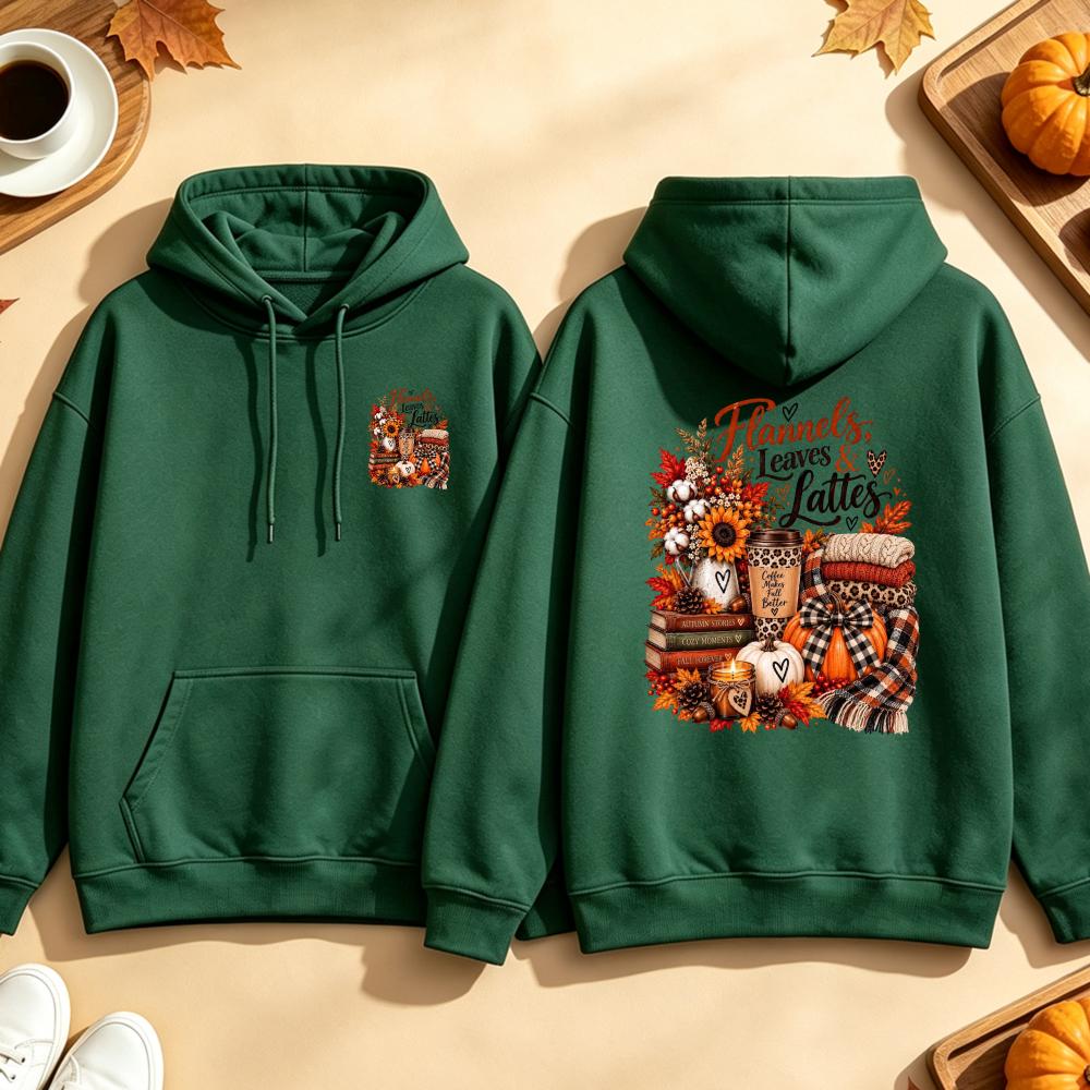 Flannels Leaves Lattes Hoodie Autumn Coffee Graphic Sweatshirt Fall Pumpkin Sunflower Candle Book Unisex Pullover Top