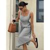 Women Casual Fashion Square Neck Sleeveless Color Block Striped High Waist Long Dress