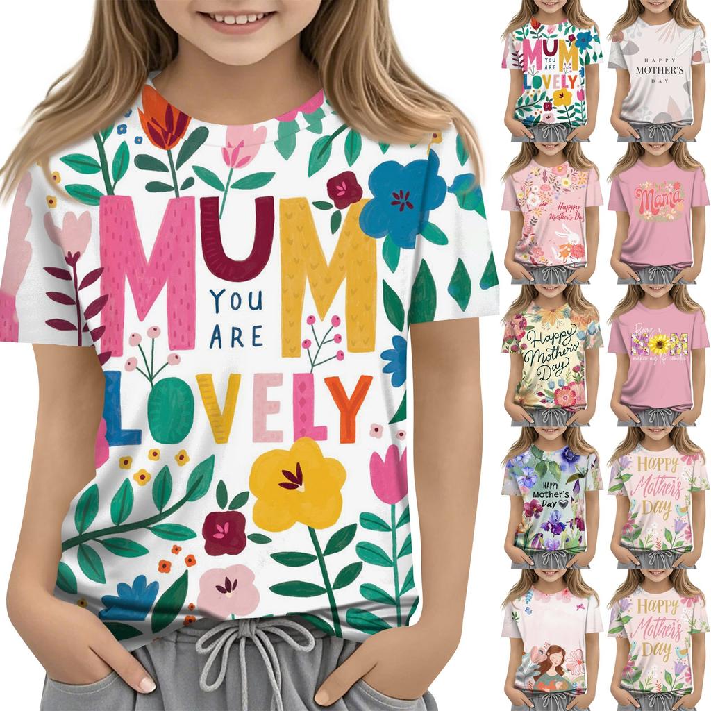 Children's Fashion Casual Short Sleeve Mother's Day Printed Round Neck T-Shirt Top