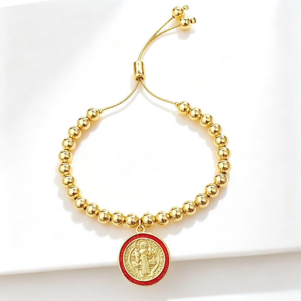 Gold-Plated 6mm Copper Bead Chain St. Benedict Pendant Adjustable Bracelet New Trend for Women's Daily Party Jewelry Accessory
