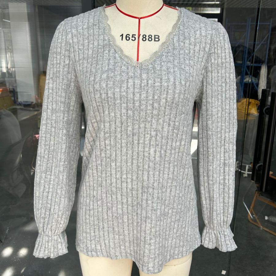 Женская осенняя однотонная ребристая трикотажная базовая рубашка повседневная теплая зимняя кружевная V-образная горловина с длинными рукавами пуловер