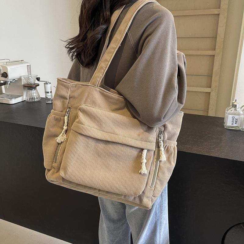 Travel Master Corduroy Shoulder Bag Casual Solid Color Multi-pocket Adjustable Strap for Daily Commute Outdoor Travel