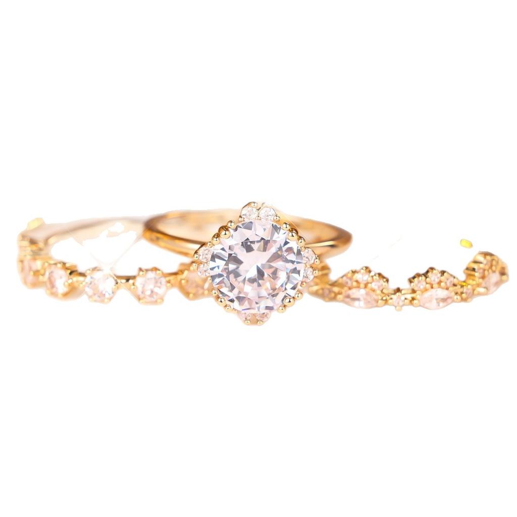 Trendy three-piece diamond ring set Large carat-set jewelry with a main stone and a floral design featuring diamond rows
