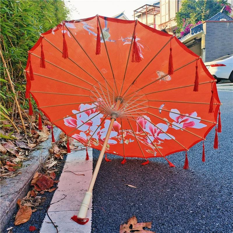 1PC with Tassel Classical Women's Umbrella for Hanfu Accessories Satin Cloth Photograph Props Fairy Ancient Parasol