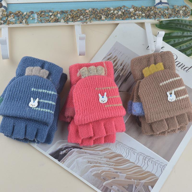 Осень и зима новинка термо флисовые вязаные перчатки без пальцев детские для письма средние и старшие дети милый кролик студенческие перчатки