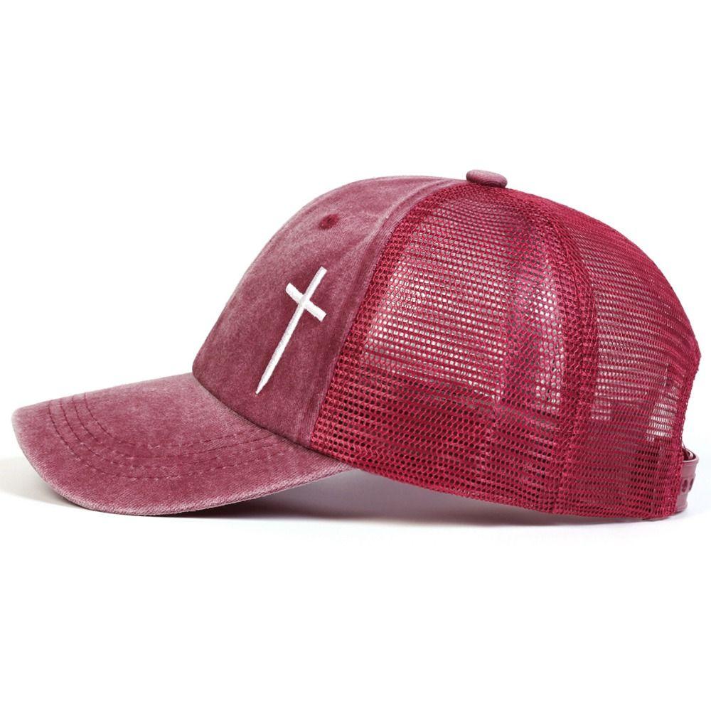 Breathable Cross Embroidery Hat with Mesh Peaked Cap Fashion Hip Hop Baseball Cap Outdoor