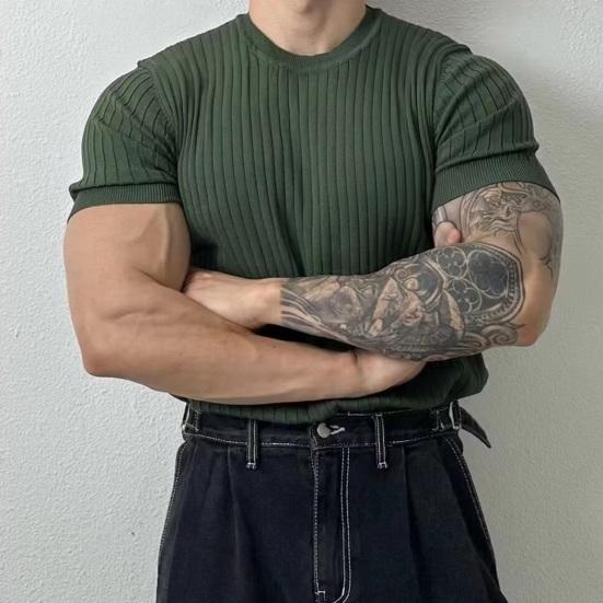 Мужская летняя спортивная футболка трикотажная эластичная эластичная футболка с круглым вырезом Slim Fit сплошной цвет пуловер с короткими рукавами для тренировок в тренажерном зале топ для тренировок