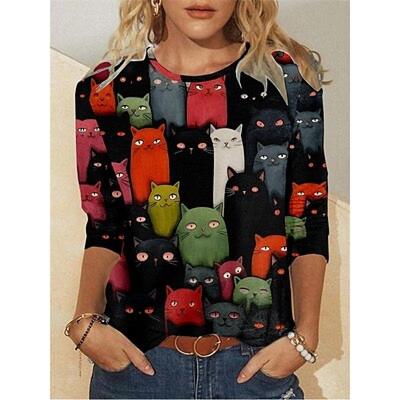 Жен. Футболка Футболка с изображением кота Повседневные выходные Черный Белый Желтый С принтом Длинный рукав Мода Круглый вырез Обычный крой Весна и осень