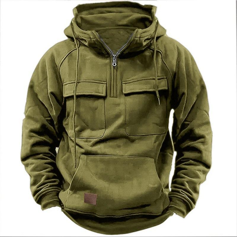 New Men's Solid-Colour Hooded Sweatshirt with Multiple Pockets Leather-Patch Detail Zip-Up Jacket