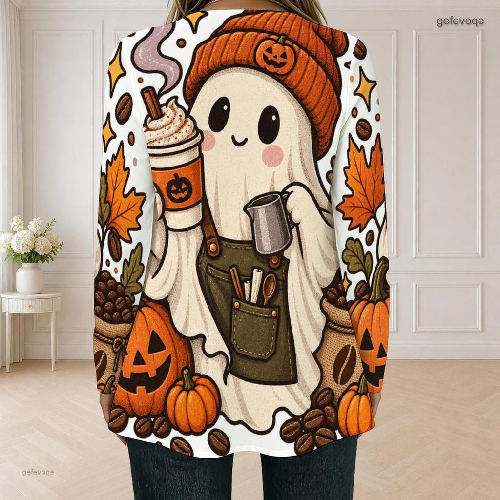 Women Plus Size Square Neck Long Sleeve Halloween Printed Button Detail Faux Two Piece T Shirt