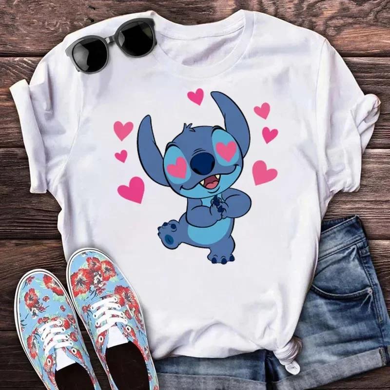 New Disney Women T-shirt Kawaii Lilo Stitch Print Tee Shirts Fashion Short Sleeve T Shirt Female Streetwear Y2k Clothes Top