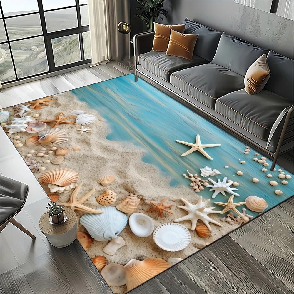 3D Realistic Seashell Starfish Pebble Beach Rug for Living Room Bedroom Coastal Decor Non Slip Carpet Ocean Theme Perfect Gift