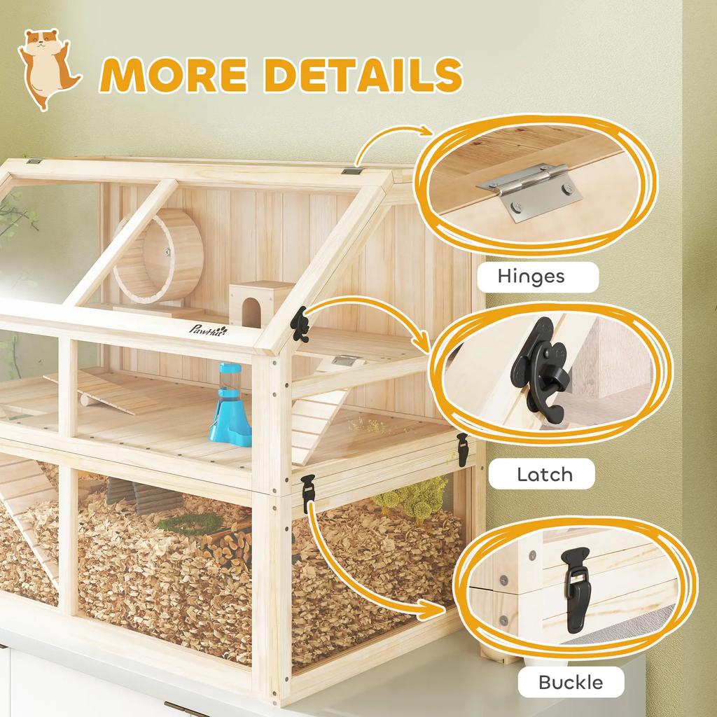 PawHut 3-Level Wooden Hamster Cage with Seesaw, Exercise Wheel and House, 95 x 53 x 76 cm, Natural Wood