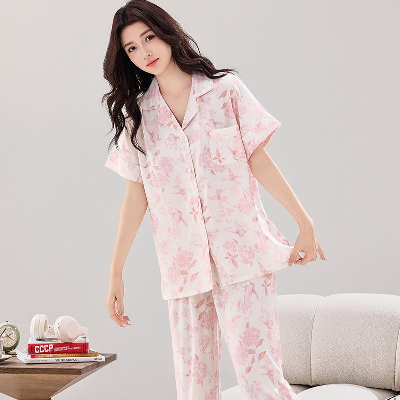 Spring and summer cotton and silk thin pajamas women's short-sleeved trousers set V-neck Korean version lapel button cardigan pajamas