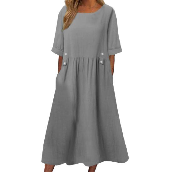 Женское платье свободного покроя средней длины с двойными карманами, украшение на пуговицах, круглый вырез, короткий рукав, летнее платье в стиле бохо, рабочая одежда