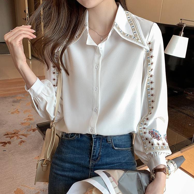 Шифоновая блузка женская с длинным рукавом, вышитая, элегантная, французский топ, легкий стиль, топы