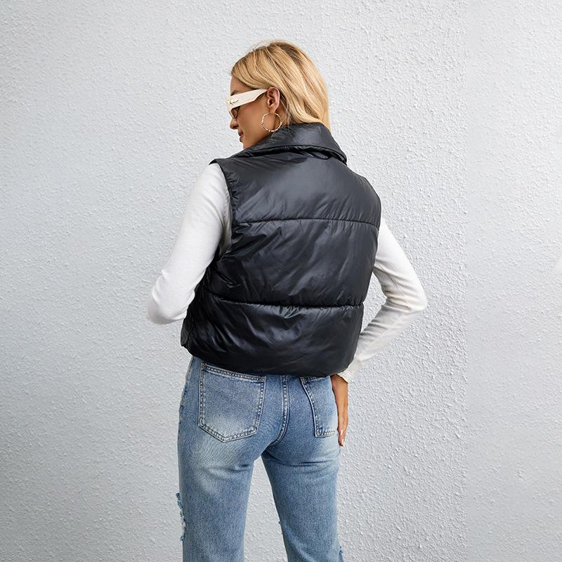 Осенне-зимняя мода короткий однотонный пуховый хлопковый женский жилет тонкий свободный жилет с высоким воротом на хлопковой подкладке для женщин