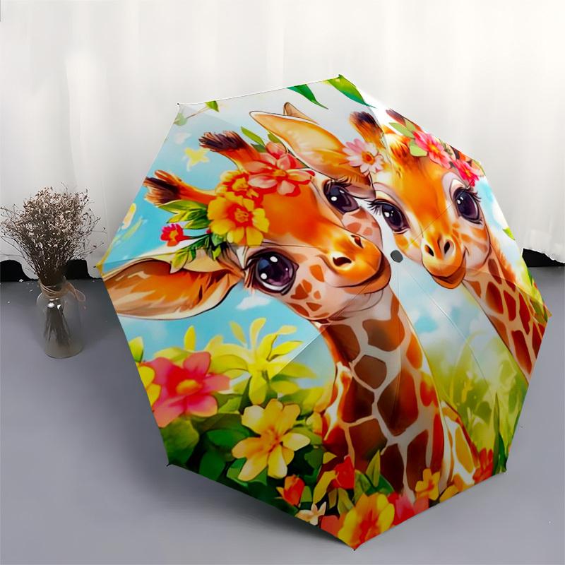 1pc Giraffe Floral Garden Umbrella with Plastic Handle,Suitable for All Seasons Home Travel Outdoor UmbrellaDD308