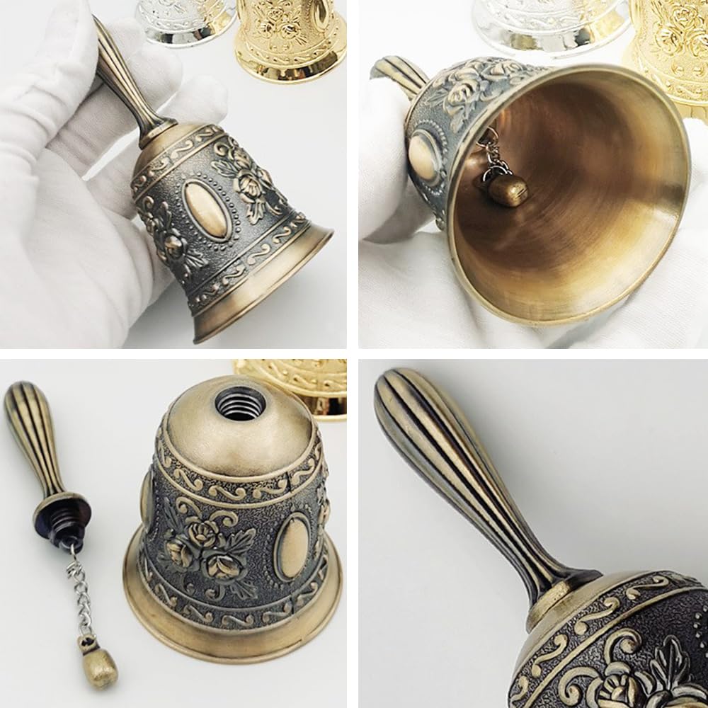 ESJNNK Ручной колокольчик Обеденный колокольчик Узор розы Ретро Обеденный колокольчик Колокольчик для вызова Настольный колокольчик Металлический колокольчик Ретро стиль Ресторан Магазин Принадлежности Фестивальные принадлежности