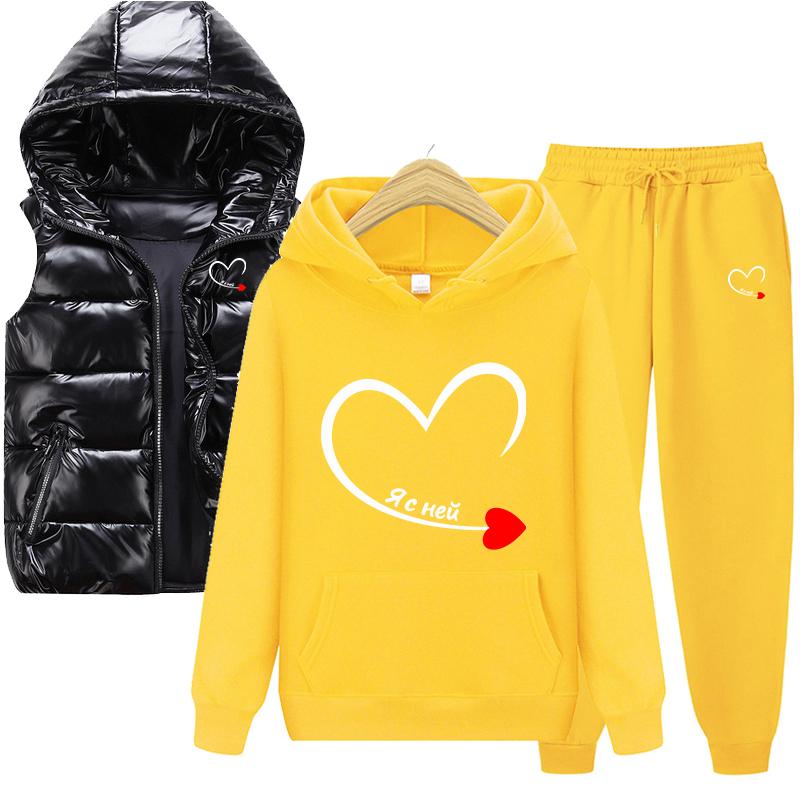 Горячая весна и осень, однотонная толстовка с принтом, комплект из 3 предметов: толстовка для пары + жилет + брюки, спортивная одежда