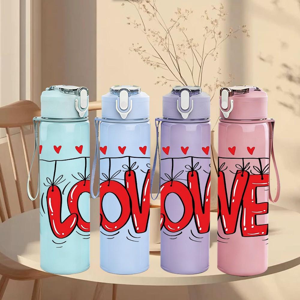 1PC Bold Red Love Word With Hearts Art Print 750ml Color Plastic Sports Water Bottle Leakproof Flip Straw Lid Suitable for Sports Office Home Use