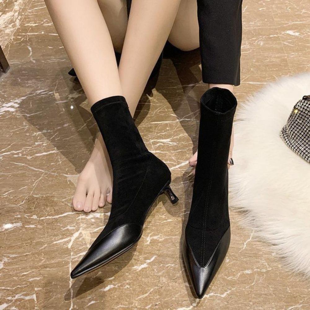 Модные полусапоги для женщин, элегантные туфли на каблуке, черные, до середины голени, носки, женские, эластичные, готические, косплей, водонепроницаемые, демисезонные, шикарные