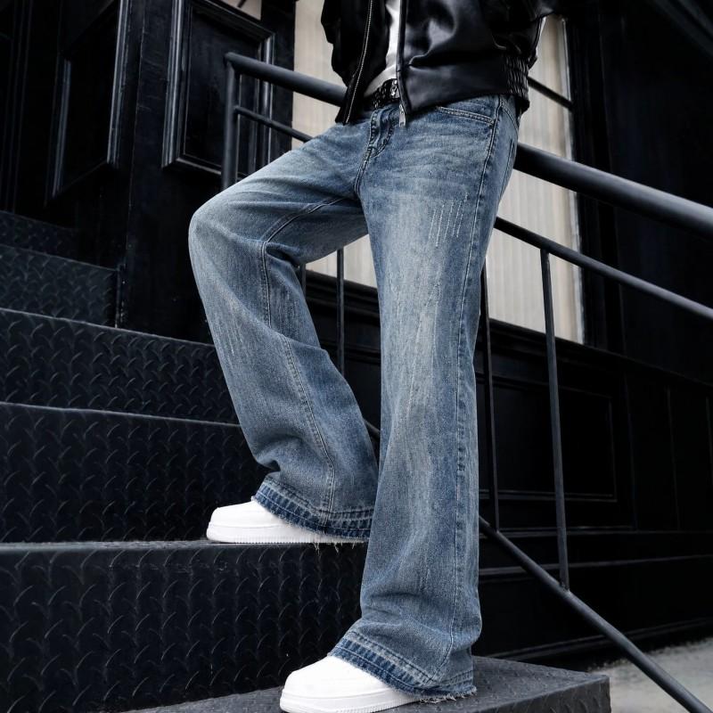 TEMU Fall Winter Mens Retro Flared Jeans American Stitching Textured Washed Blue Loose Straight Denim Pants